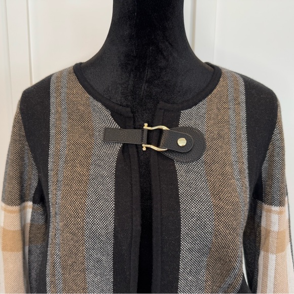 Anne Klein Black Tan Gray Cream Ivory Plaid Cardigan Long Sweater Small S CT - Picture 2 of 5